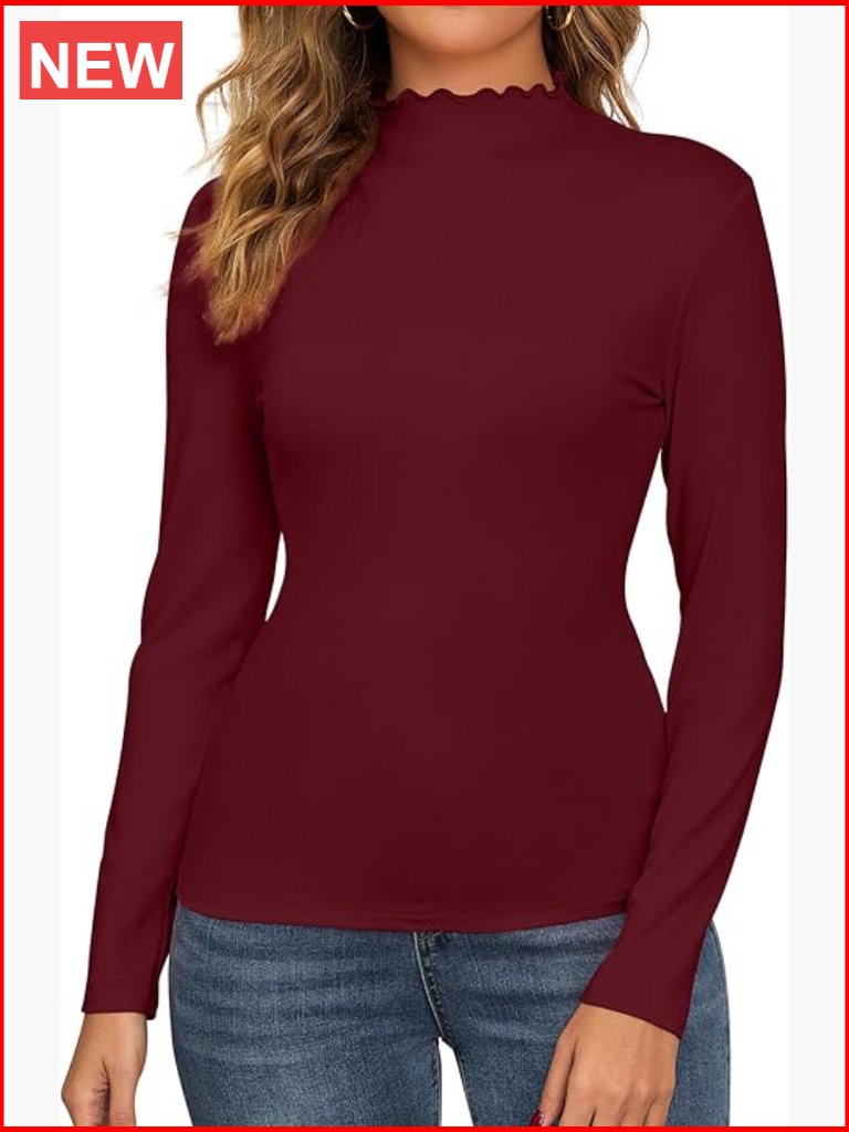 Mock Neck Tops Long Sleeve Tee Slim Fit Lettuce Trim Casual Layering Shirt Fall